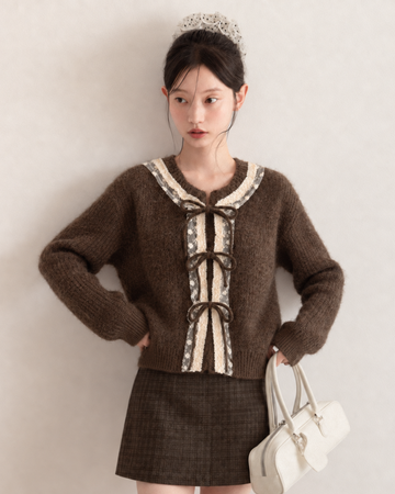 ribbon lace girly brown tops SI1292