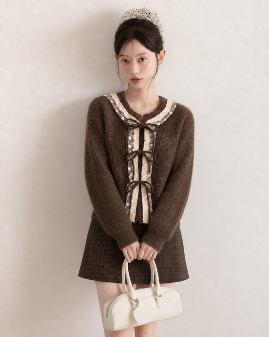 ribbon lace girly brown tops SI1292