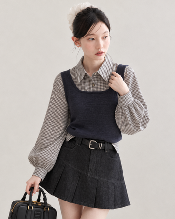 check like vest navy tops SI1302